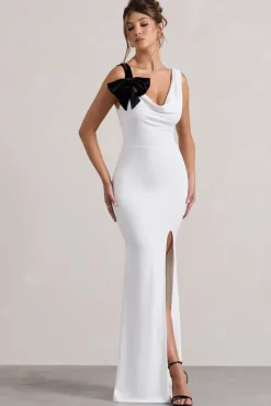 A Catch | White Cowl-Neck Fishtail Split Maxi Dress With Bow