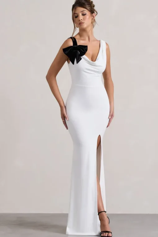 A Catch | White Cowl-Neck Fishtail Split Maxi Dress With Bow