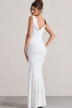 A Catch | White Cowl-Neck Fishtail Split Maxi Dress With Bow