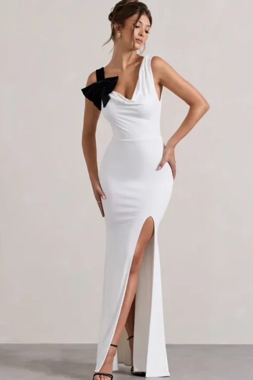 A Catch | White Cowl-Neck Fishtail Split Maxi Dress With Bow