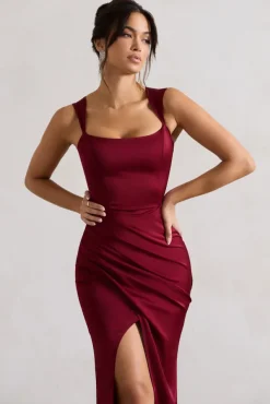 A Romantic | Berry Satin Corset Wrap Maxi Dress