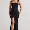 A Romantic | Black Satin Corset Wrap Maxi Dress