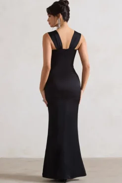 A Romantic | Black Satin Corset Wrap Maxi Dress