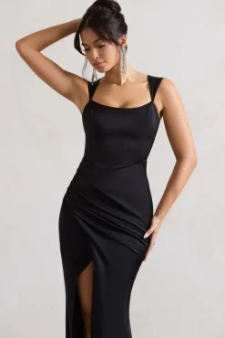 A Romantic | Black Satin Corset Wrap Maxi Dress