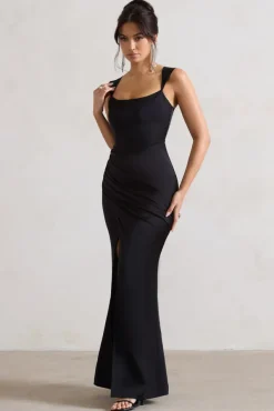A Romantic | Black Satin Corset Wrap Maxi Dress