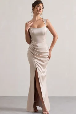 A Romantic | Champagne Satin Corset Wrap Maxi Dress