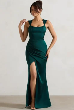 A Romantic | Green Satin Corset Wrap Maxi Dress