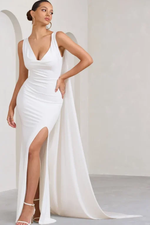A Toast | White Split Maxi Dress With Draped Cape