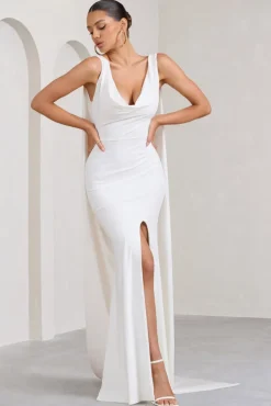 A Toast | White Split Maxi Dress With Draped Cape