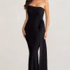Aaliyah | Black Asymmetric Bardot Maxi Dress with Drape