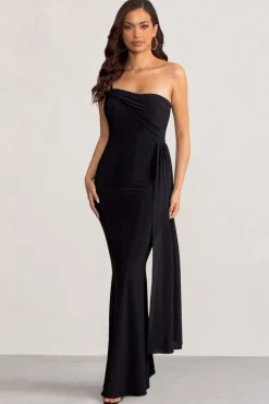 Aaliyah | Black Asymmetric Bardot Maxi Dress with Drape