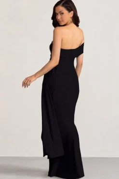 Aaliyah | Black Asymmetric Bardot Maxi Dress with Drape