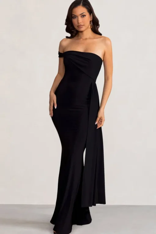 Aaliyah | Black Asymmetric Bardot Maxi Dress with Drape