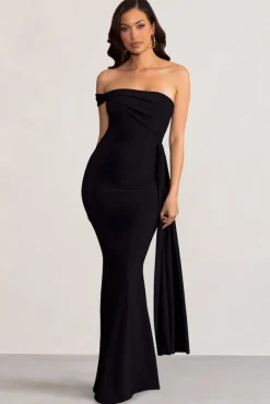 Aaliyah | Black Asymmetric Bardot Maxi Dress with Drape