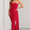 Aaliyah | Red Asymmetric Bardot Maxi Dress with Drape