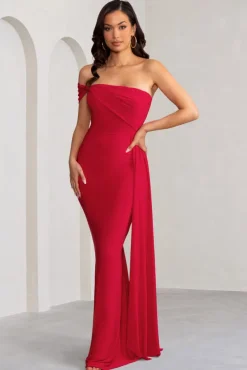Aaliyah | Red Asymmetric Bardot Maxi Dress with Drape