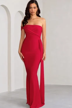 Aaliyah | Red Asymmetric Bardot Maxi Dress with Drape