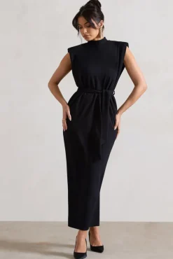 Abbie | Black High-Neck Maxi Dress With Tie Waist
