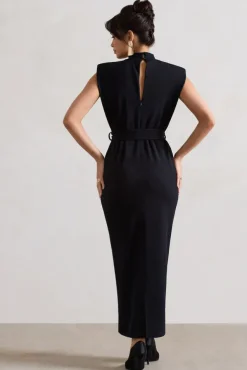 Abbie | Black High-Neck Maxi Dress With Tie Waist
