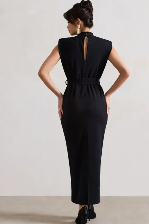 Abbie | Black High-Neck Maxi Dress With Tie Waist
