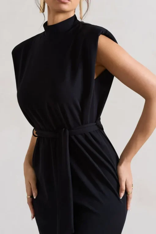 Abbie | Black High-Neck Maxi Dress With Tie Waist