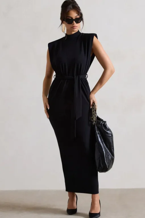 Abbie | Black High-Neck Maxi Dress With Tie Waist