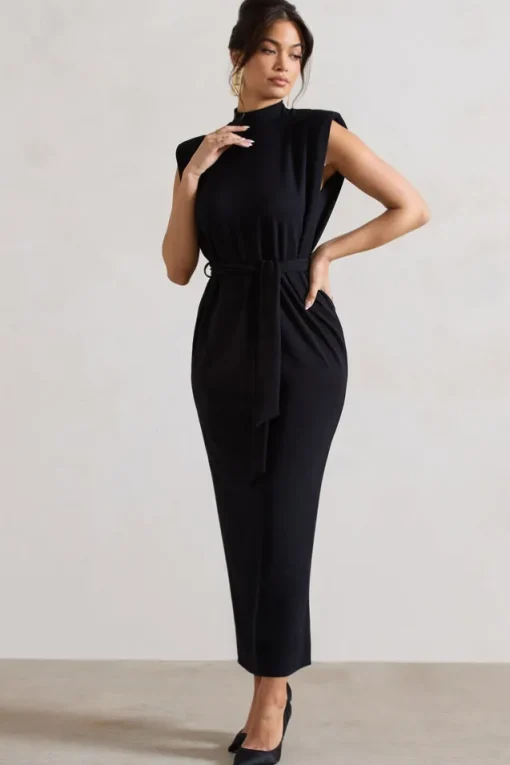 Abbie | Black High-Neck Maxi Dress With Tie Waist