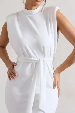 Abbie | White High-Neck Maxi Dress With Tie Waist