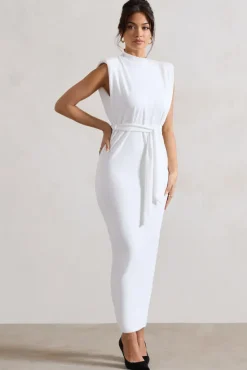 Abbie | White High-Neck Maxi Dress With Tie Waist