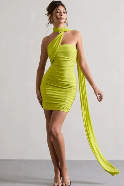 Abel | Lime Green Ruched One Shoulder Mini Dress With Scarf