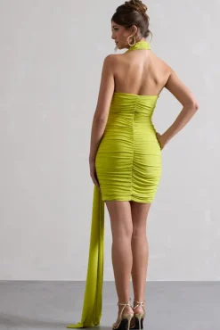 Abel | Lime Green Ruched One Shoulder Mini Dress With Scarf