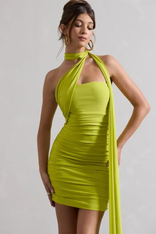 Abel | Lime Green Ruched One Shoulder Mini Dress With Scarf