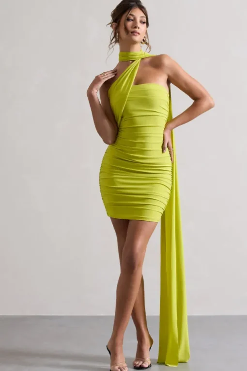 Abel | Lime Green Ruched One Shoulder Mini Dress With Scarf