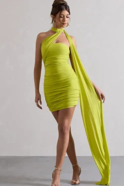 Abel | Lime Green Ruched One Shoulder Mini Dress With Scarf