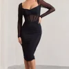 Abiba | Black Ruched Front Corset Midi Dress With Long Sleeves