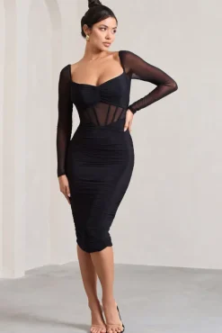 Abiba | Black Ruched Front Corset Midi Dress With Long Sleeves