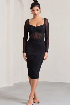 Abiba | Black Ruched Front Corset Midi Dress With Long Sleeves