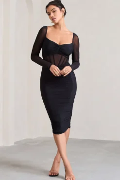 Abiba | Black Ruched Front Corset Midi Dress With Long Sleeves