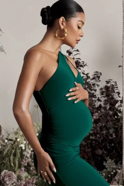 Abigail | Bottle Green Sleeveless Asymmetric Maternity Midi Dress