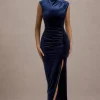 Abilene | Navy Velvet High-Neck Split Maxi Dress