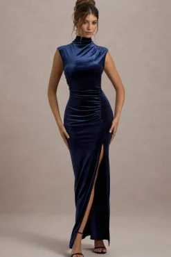 Abilene | Navy Velvet High-Neck Split Maxi Dress