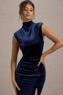 Abilene | Navy Velvet High-Neck Split Maxi Dress
