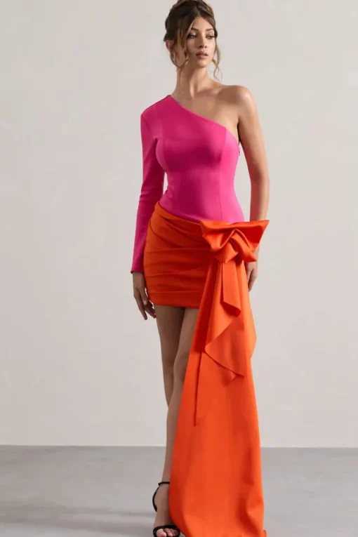 Abstract | Pink u0026 Orange One Shoulder Mini Dress With Side Drape