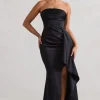 Ace | Black Satin Bandeau Split Maxi Dress With Ruffle Drape