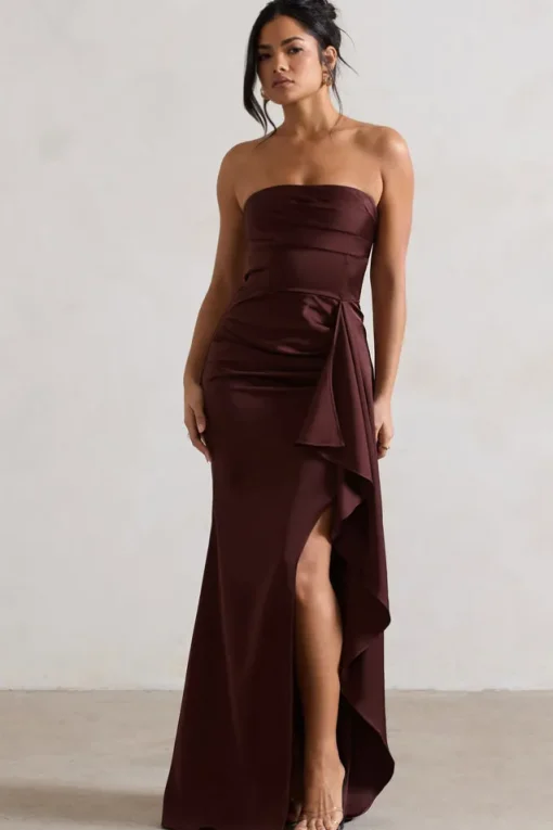 Ace | Chocolate Brown Satin Bandeau Split Maxi Dress With Ruffle Drape