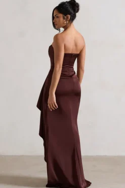 Ace | Chocolate Brown Satin Bandeau Split Maxi Dress With Ruffle Drape
