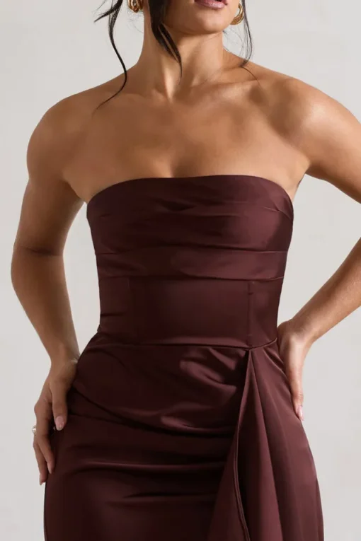 Ace | Chocolate Brown Satin Bandeau Split Maxi Dress With Ruffle Drape