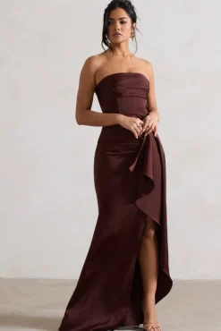 Ace | Chocolate Brown Satin Bandeau Split Maxi Dress With Ruffle Drape