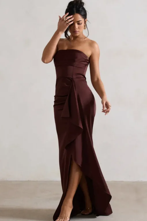 Ace | Chocolate Brown Satin Bandeau Split Maxi Dress With Ruffle Drape