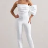Adabella | White Satin Strapless One-Sleeve Straight-Leg Jumpsuit